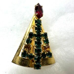 Vintage Gold Tone Christmas Tree Pin Brooch with Red & Green